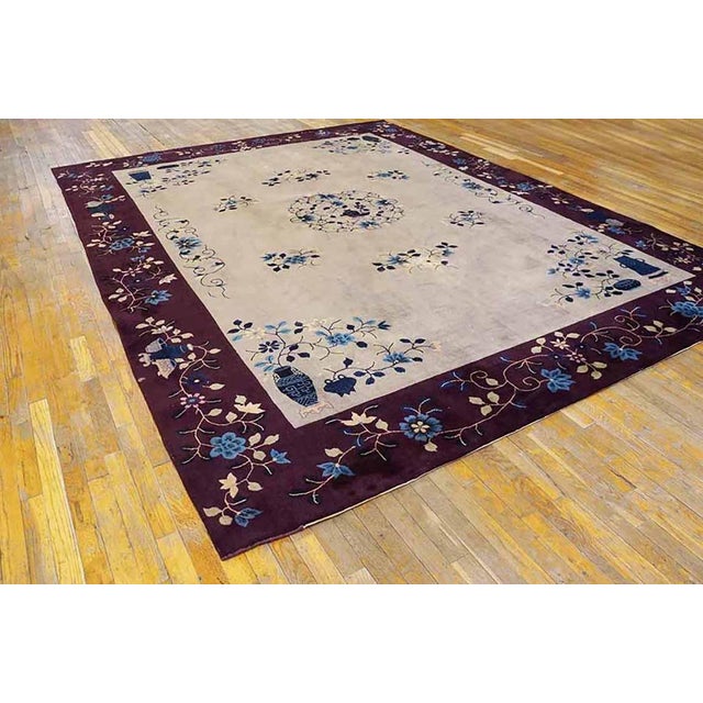 Art Deco 1920s Ivory Floral Modern Antique Art Deco Chinese Rug 8'10"x 11'6 Hand Knotted Wool Carpet For Sale - Image 3 of 4