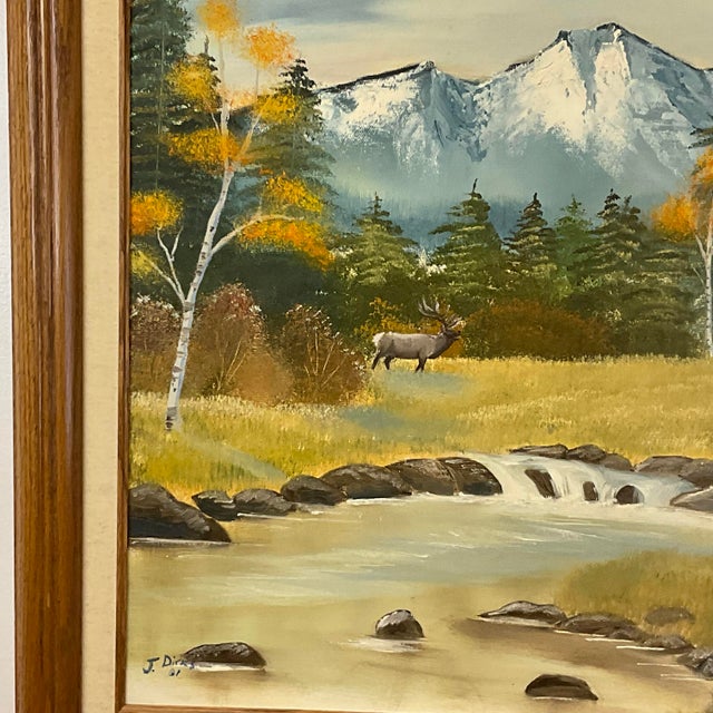 Mid-Century Rustic Americana Elk Wildlife & Scenic Mountain Steam Oil Painting, Signed J. Dirks For Sale - Image 12 of 14