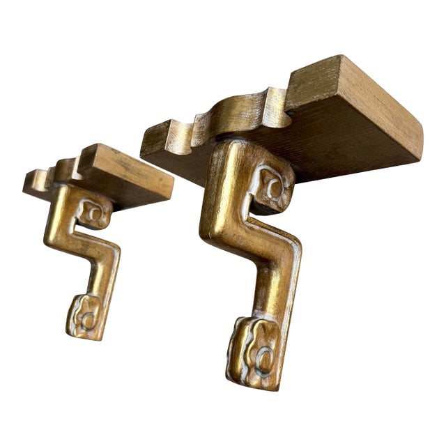 1930s Art Deco Carved Gilt Wood Wall Brackets / Shelves - A Pair For Sale