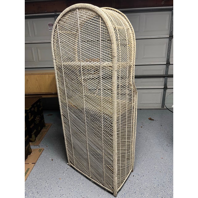 Boho Chic Vintage 1970s Palm Beach Coastal Arched Wicker & Rattan Étagère Hutch Cabinet With Sunburst Doors For Sale - Image 3 of 12