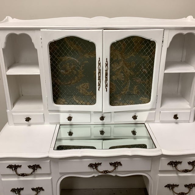 White Vintage Vanity or Desk French Country Painted White Wire Doors Mirrored Top Multiple Drawers Wallpapered Interior Top For Sale - Image 8 of 12