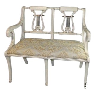 White Painted Shabby Chic Finish Lyre Back Settee Bench For Sale