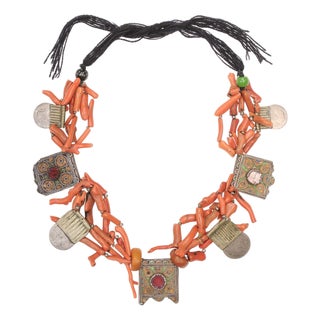 Moroccan Antique Coral & Metal Charm Necklace For Sale