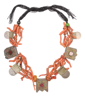 Moroccan Antique Coral & Metal Charm Necklace