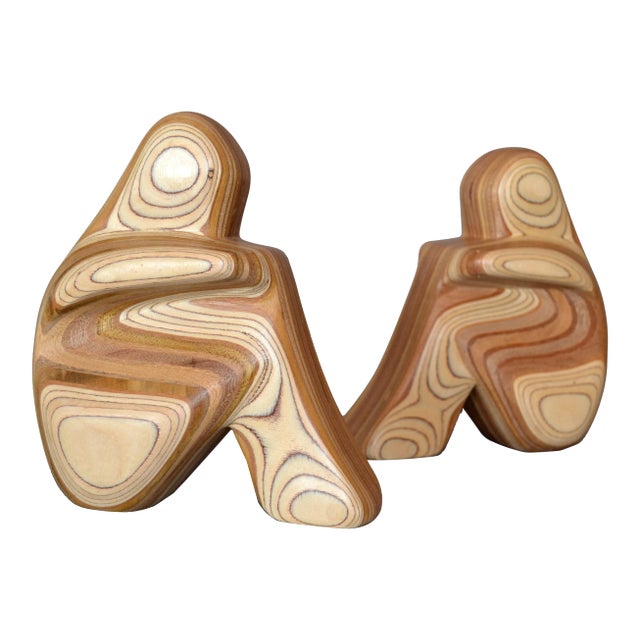 80's Hand-Crafted Zebra Wood Sitting People Bookends Signed by Artist For Sale