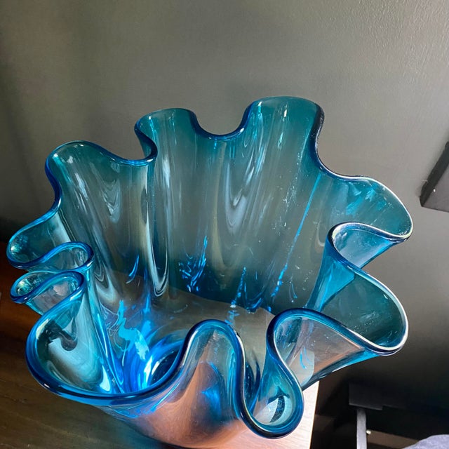 Large Vintage Alicja Blue Art Glass Handkerchief Vase, Made in Poland