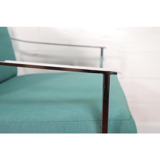 Vintage Pair Mid Century Chrome Frame Chairs Milo Baughman Style Green Fabric Modern Retro Sculptural 60's 70’s For Sale - Image 9 of 14
