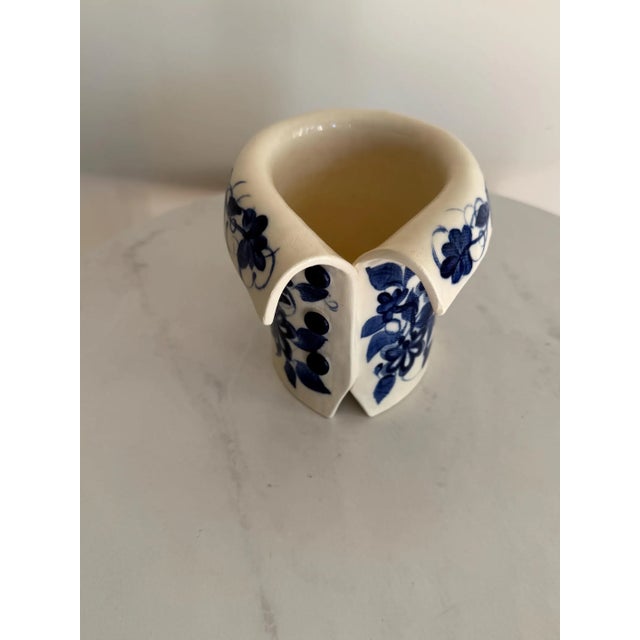 Signed Studio Pottery Figural Jacket Vase – Blue & White Floral Ceramic Sculpture – Artisan Vessel For Sale - Image 4 of 10