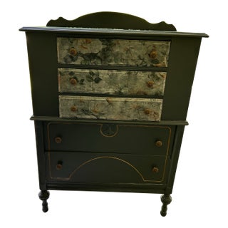 Antique Highboy Dresser — Behr “Cracked Pepper” Slate Blue-Gray, Redesign With Prima Decoupage Botanical Drawers & Gold Accent Details For Sale