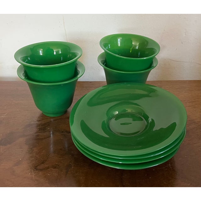 Chinoiserie Antique 19th Century Chinese Bright Green Peking Glass Tea Cups & Saucers - Set of 4 For Sale - Image 3 of 18