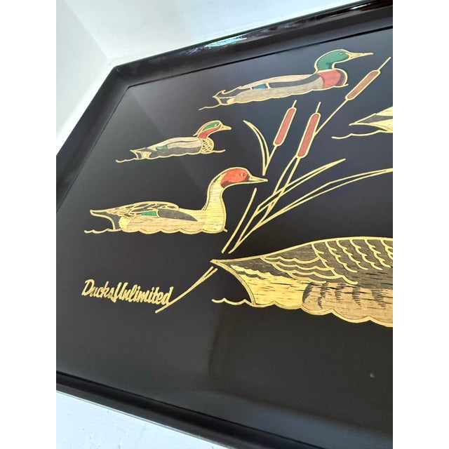 The Couroc Company Rare Classic Vintage Mid-Century Modern Couroc of Monterey, Ca ‘Ducks Unlimited’ Tray Designed by Larry Toschik With 5 Varieties of Coastal Ducks For Sale - Image 4 of 12