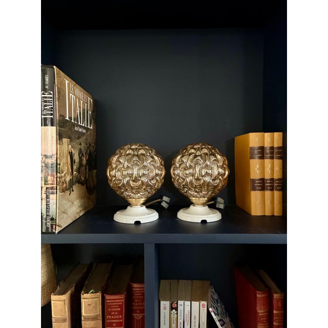 1970s Globes Wall Lights in Amber Glass and Ceramic, 1970, Set of 2 For Sale - Image 5 of 5