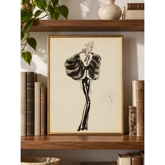 Jonathan Adler Vintage French Fashion Art Print – Black and White Fur Sleeve Illustration, 18" X 24" For Sale - Image 4 of 9