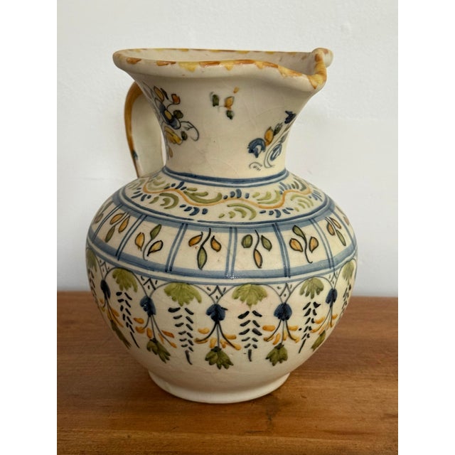 Ceramic Early 20th Century Spanish Hand Painted Blue and Yellow Pottery Pitcher Jug For Sale - Image 7 of 10
