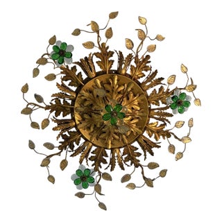 Flush Mount Maison Baguès Crystal Green Flowers Leaves Chandelier 9 Lights For Sale