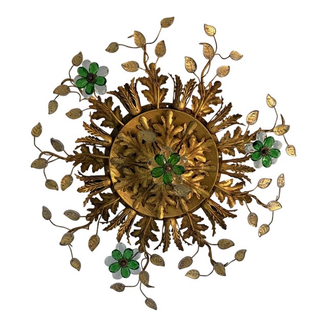 Flush Mount Maison Baguès Crystal Green Flowers Leaves Chandelier 9 Lights For Sale