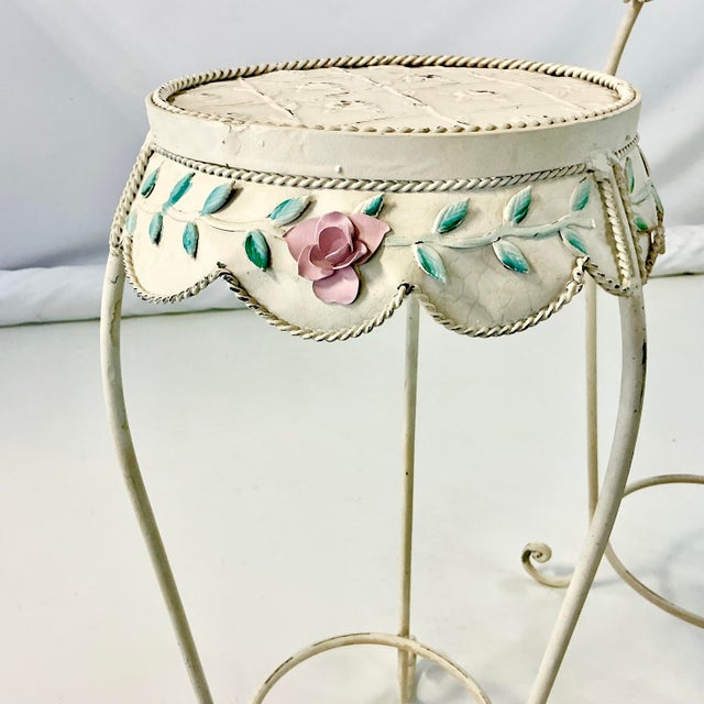 1950s Vintage French Style Boho Chic Scalloped Tole Rose Plant Stands - Set of 2 For Sale - Image 13 of 18