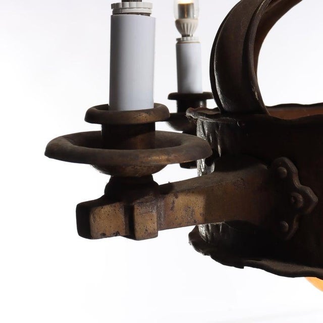 1920s Antique Arts & Crafts Hammered Metal 4 Light Chandelier C1920 For Sale - Image 5 of 9