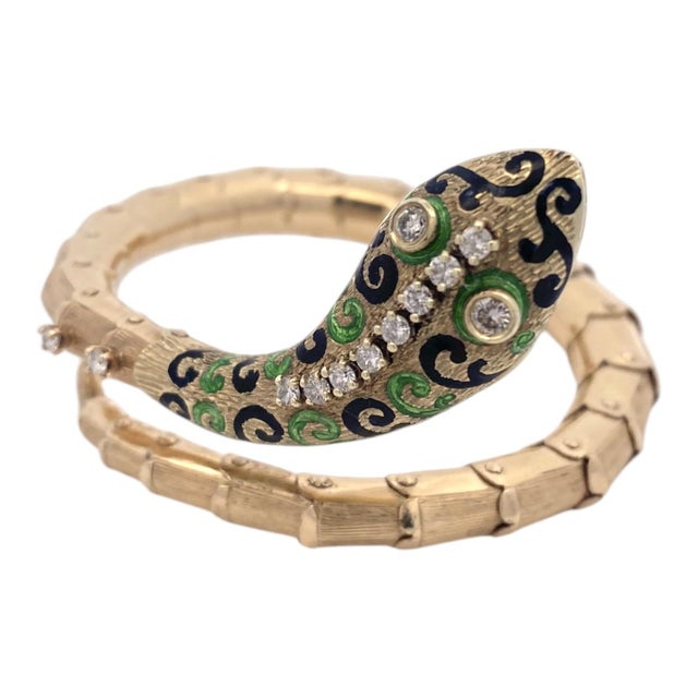 Art Nouveau 1960s Vintage 14k Enamel & Diamond Articulated Snake Bracelet For Sale - Image 3 of 10