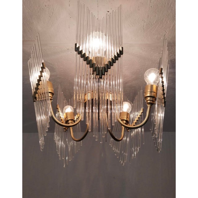 Rare 1970s Brass & Glass Rod Chandelier | 5-Light Vintage Fixture | Restored Mid Century Lighting For Sale - Image 10 of 14