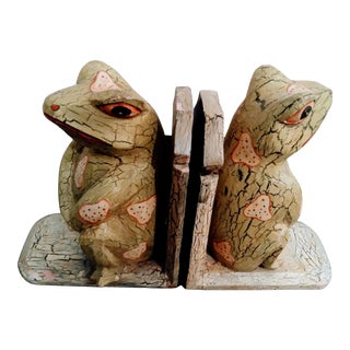 Carved Wood Crackle Finish Sitting Frog Bookends - a Pair For Sale