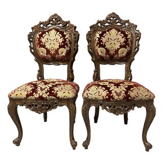 Pair of Antique Late 19th Century Rococo Revival Mahogany & Crimson Velvet Side Chairs For Sale