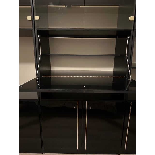 Stunning lacquered glossy black 4 Piece Wall Cabinet Curio / Storage unit channels iconic postmodern and Hollywood Regency...