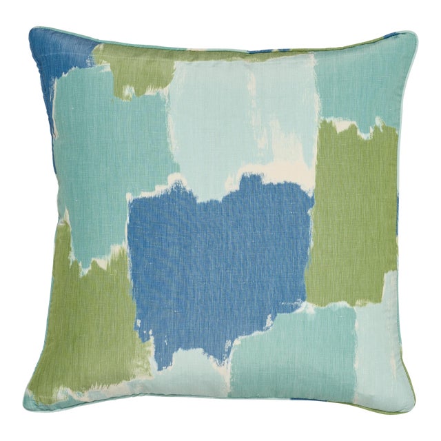 Contemporary Schumacher Colorblock Ikat Aqua Linen Two-Sided Pillow For Sale