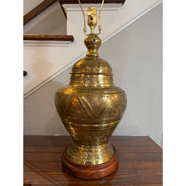 1930/1940s Large Boho Moroccan Urn Tooled Brass Lamp with Copper and Wood Accents -Crafted From Lustrous Brass, -Base is...