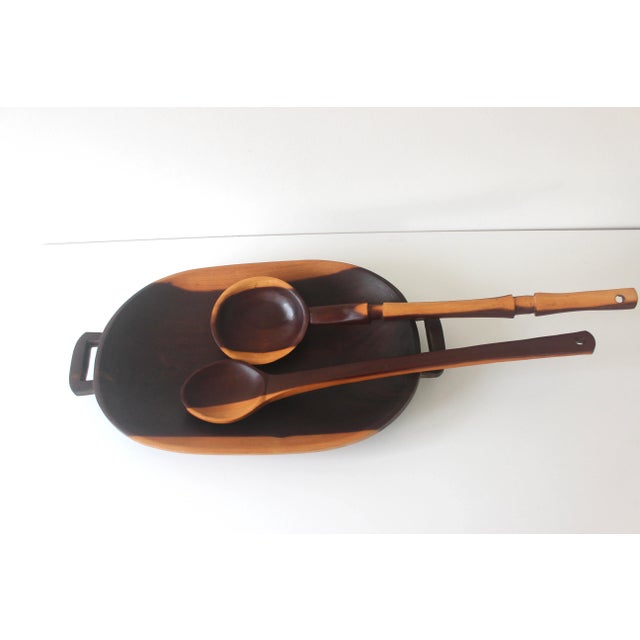 Wood 1970s Carved Exotic Wood Serving Dish With 2 Spoons Salad Bowl For Sale - Image 7 of 11