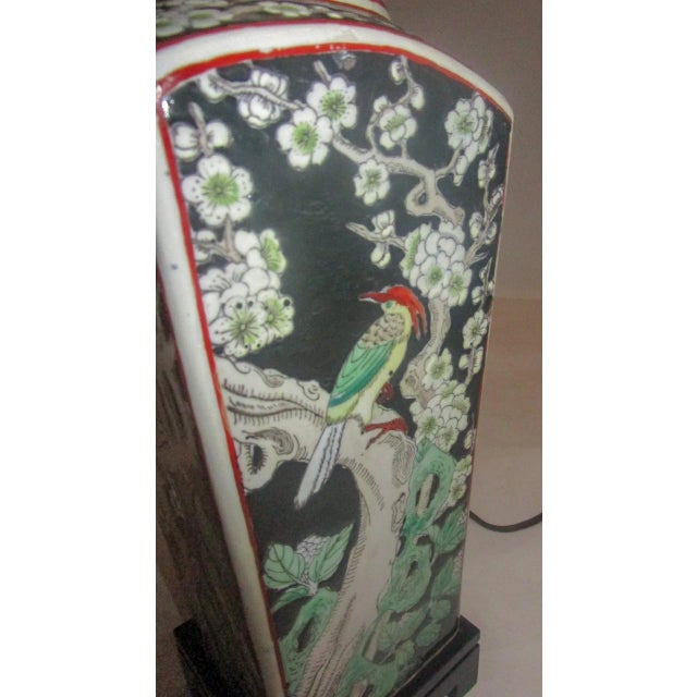 Chinese Export Black Ceramic Table Lamp With Floral and Bird Design For Sale - Image 10 of 13
