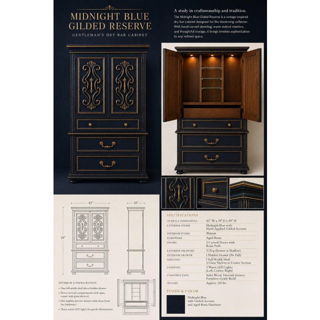Vintage Mediterranean Revival gentleman’s cabinet transformed into a dramatic midnight blue luxury dry bar with gold...