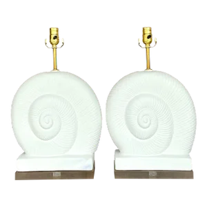 Vintage Coastal Plaster and Lucite Nautilus Shell Lamps - a Pair