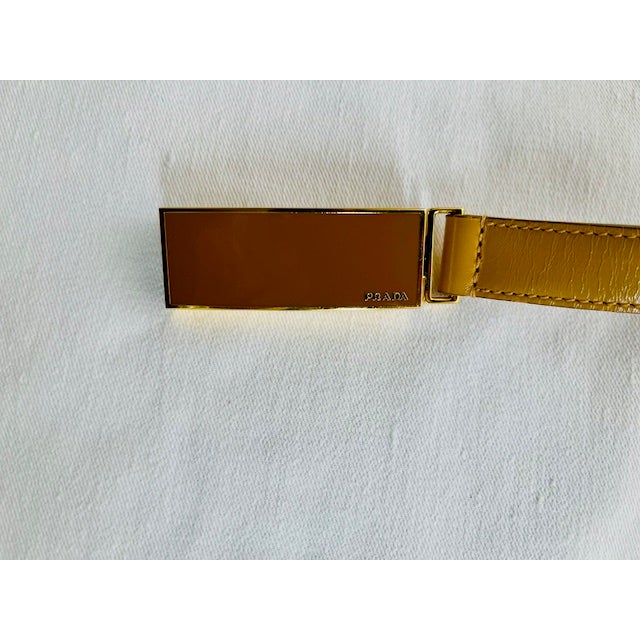 Vintage Prada Leather Belt, Mustard/Gold/Tan, Adjustable Gold & Brown Enamel Buckle, Made in Italy For Sale - Image 11 of 12