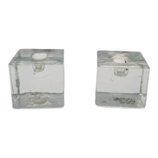Vintage Mid-Century Scandinavian Cube Crystal Candlestick Holders- a Pair For Sale