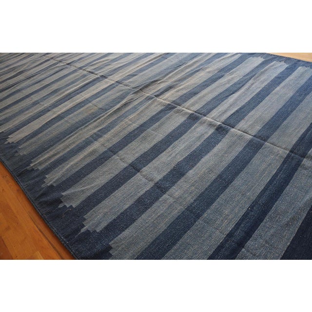 Textile 1930s Blue Stripe Antique Indian Cotton Dhurrie Rug 8'2'' X 40'2" Flatweave Carpet For Sale - Image 7 of 13