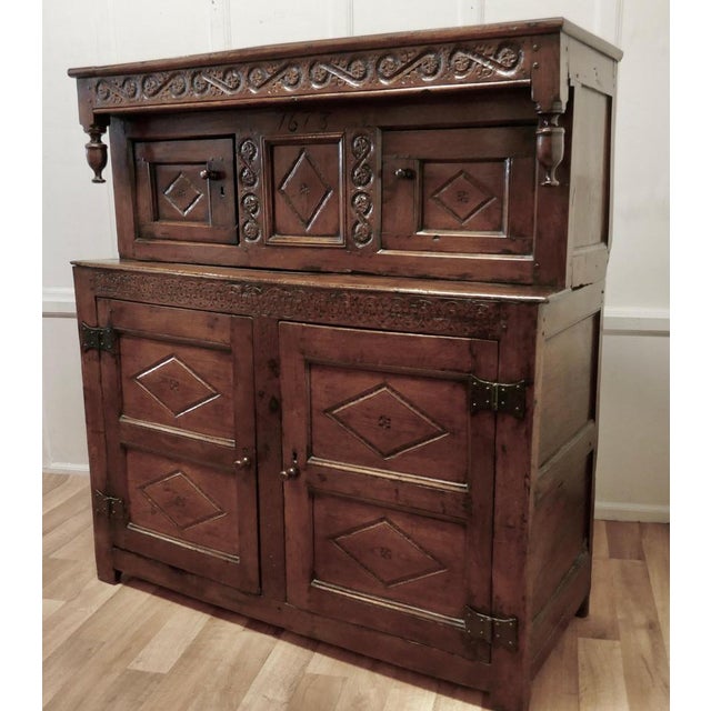 Antique Court Cupboard in Carved Oak, 1673 For Sale - Image 9 of 14