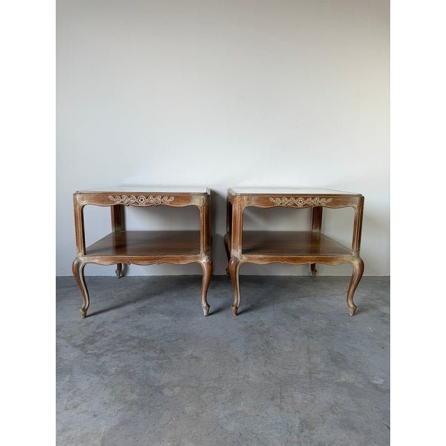 French Provincial Vintage French Provincial Style Two Tier Marble Top End Tables – A Pair For Sale - Image 3 of 17