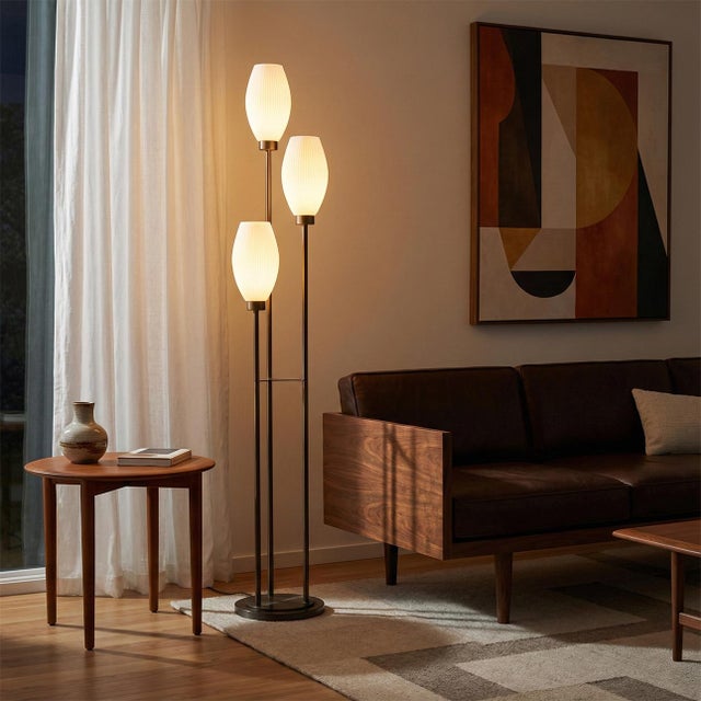 Transitional Willows Accent Floor Lamp, Matte Black, Opal Glass, Foot Dimmer For Sale - Image 3 of 15