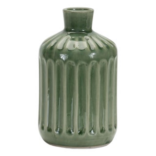 Green Ribbed Terra Cotta Vase 7"H For Sale