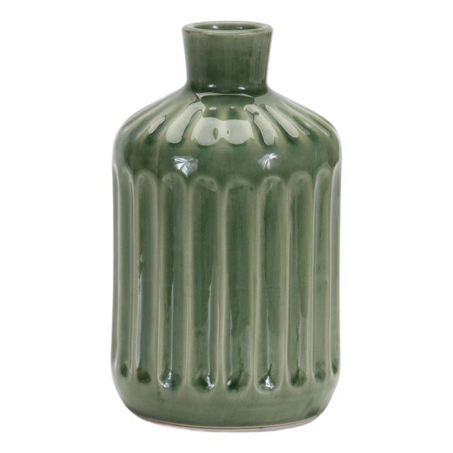 Green Ribbed Terra Cotta Vase 7"H For Sale