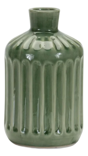 Green Ribbed Terra Cotta Vase 7"H