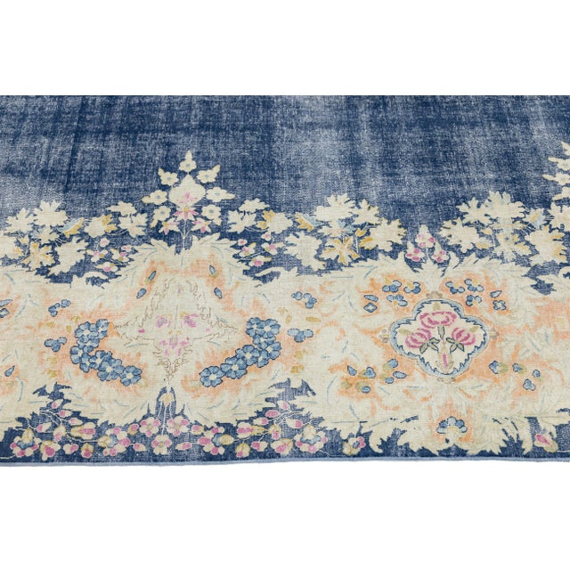 Cream 10x13 Antique Persian Kerman Rug - Large Floral Medallion - Navy & Cream For Sale - Image 8 of 11