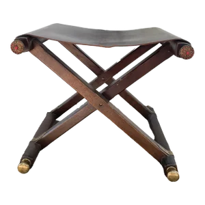 Mid 20th Century Leather Sling Stool With Coral Jewel Accents