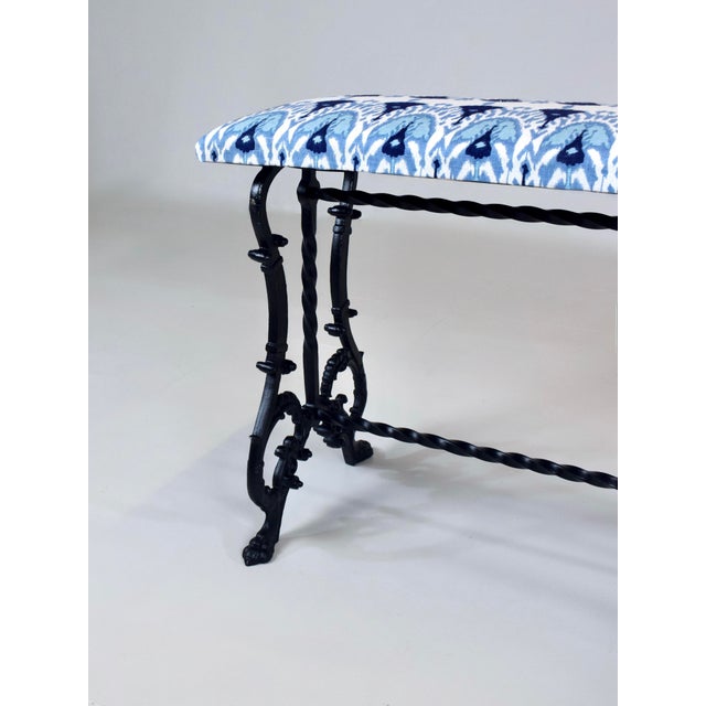 Blue Antique Cast Iron Window Bench, Victorian, Ikat Upholstery, Usa For Sale - Image 8 of 11