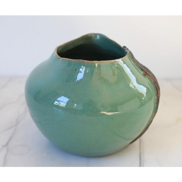 Late 20th Century Handmade Turquoise Studio Pottery Vase With a Dark Geometric Pattern For Sale - Image 5 of 8