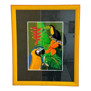 Vintage Original Tropics Print by Y. Hughs of Toucans With Illustrated Matt & Orange Frame For Sale