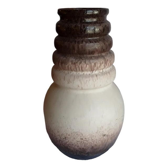 Vintage German Ceramic Vase with Ribbed Neck and Beige-Brown Course Glaze, 1970s For Sale