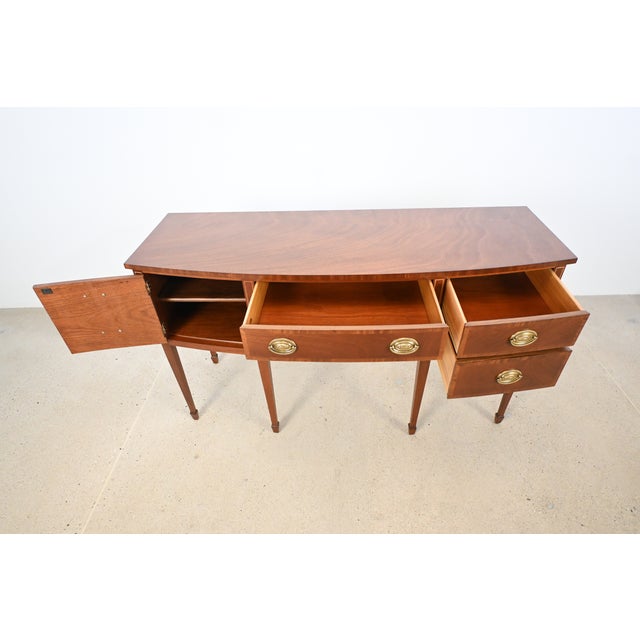 Kindel Mahogany Sideboard Server With Satinwood Inlay & Brass Pulls | Newly Refinished For Sale - Image 10 of 16