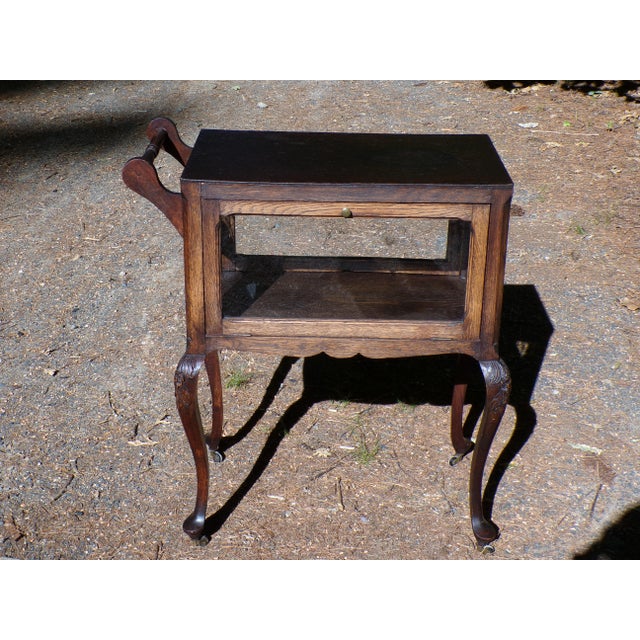 Antique Solid Oak Vitrine Cabinet Serving Bar Tea Cart Trolley For Sale - Image 16 of 18